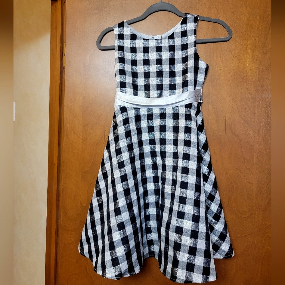 Girls Rare Editions dress size 10, black/white/silver sparkle checker dress